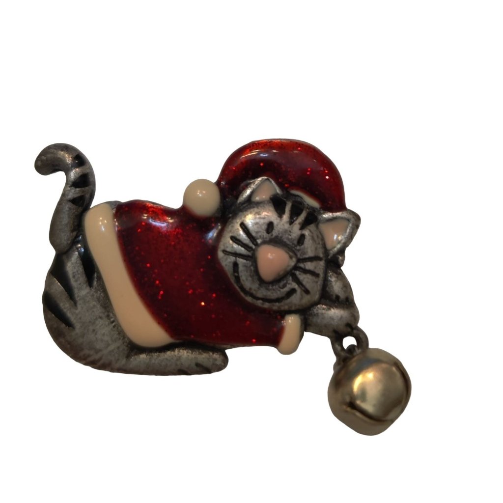 Vtg. Signed Ajmc Christmas Cat Metal & Enamel Pin